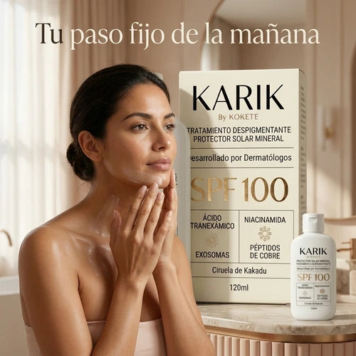 Mujer latina aplicando protector solar KARIK en mejillas, cuello y escote.